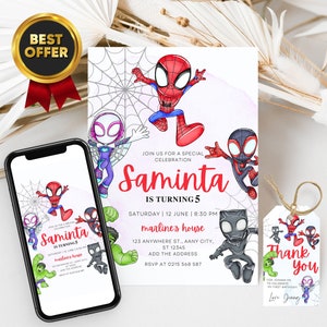 Spidey and his amazing friends birthday invitation with FREE Spidey Thank You Tags & Spidey Phone Invitation Customizable Canva Template image 1