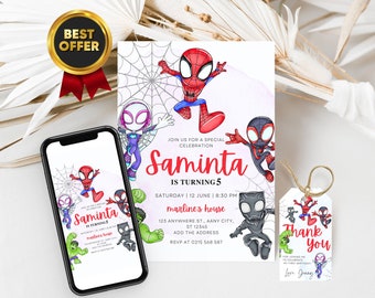 Invito di compleanno di Spidey e i suoi fantastici amici con tag di ringraziamento di Spidey GRATUITI e modello Canva personalizzabile per invito telefonico di Spidey