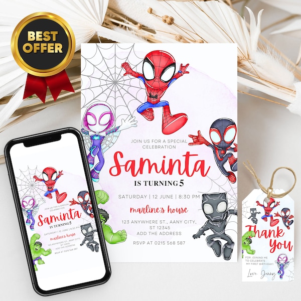 Invitación de cumpleaños de Spidey y sus increíbles amigos con etiquetas de agradecimiento de Spidey GRATIS y plantilla Canva personalizable de invitación telefónica de Spidey