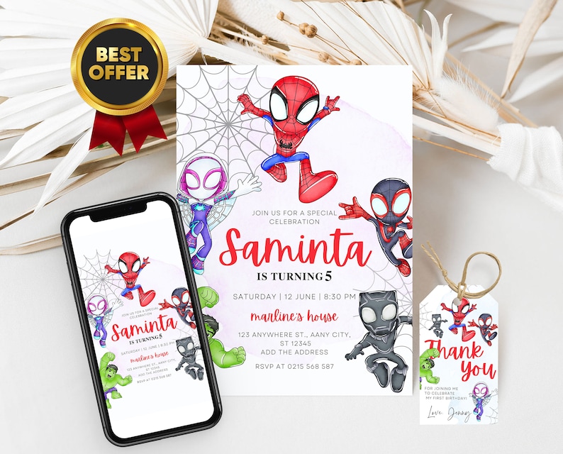 Invitación de cumpleaños de Spidey y sus increíbles amigos con etiquetas de agradecimiento de Spidey GRATIS y plantilla Canva personalizable de invitación telefónica de Spidey imagen 1