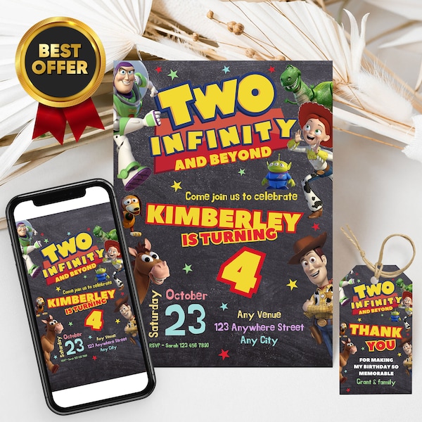 Two Infinity and Beyond Birthday Invitation FREE Toy Story Thank You Tags & Phone Invitation, Canva Template perfect for 2nd Birthday Party