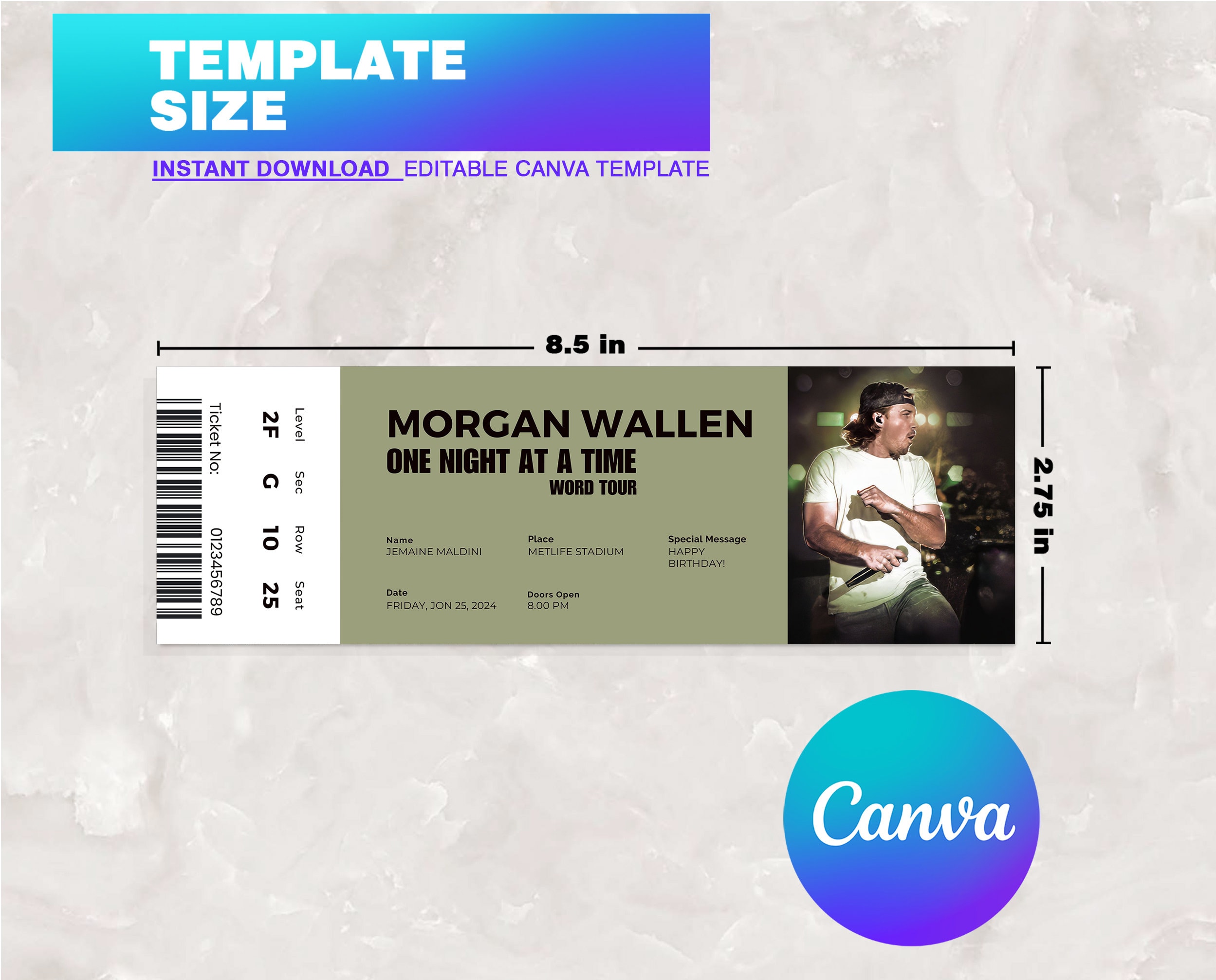 Editable Wallen Concert Ticket Template Concert Ticket Gift