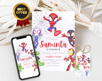 Invitation d'anniversaire Spidey et ses incroyables amis avec des étiquettes de remerciement Spidey et une invitation pour téléphone Spidey GRATUITES