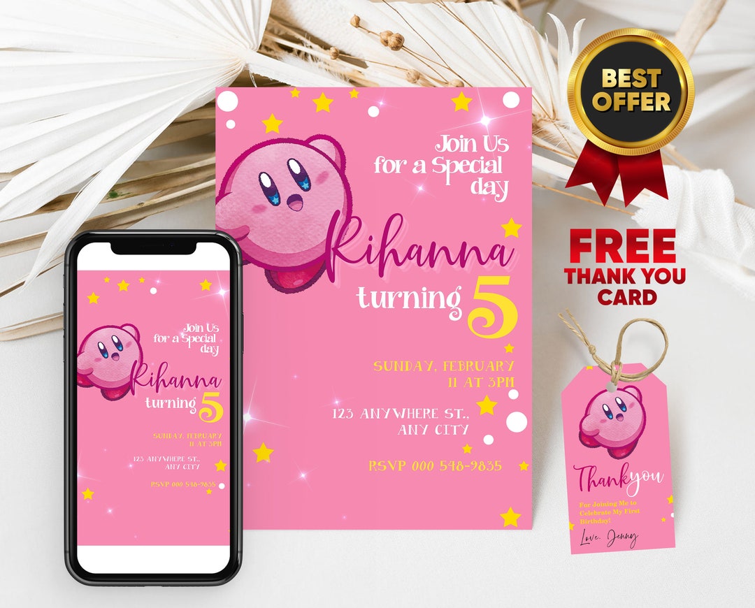 Editable Kirby Invitation and FREE Kirby Thank You Tag and Mobile Kirby Invitation to Send