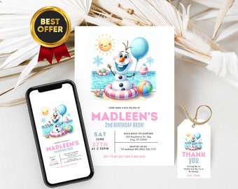 Olaf Pool Party Invitation with Free Thank you tag & phone version for text messages, Pool Party Birthday Invitation, summer kids invitation