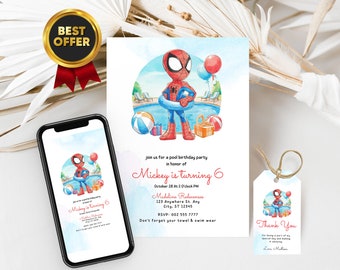 Pool party birthday invitation, Spidey and his amazing friends birthday invitation with FREE Spidey Thank You Tags & Spidey Phone Invitation