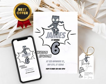 Editable Black Panther Spidey birthday invitation with FREE Spidey Thank You Tags & Spidey Phone Invitation Customizable Canva Template