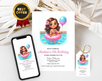 Invitación a la fiesta en la piscina de Moana con etiqueta de agradecimiento gratuita y versión de teléfono para mensajes de texto, invitación a la fiesta de cumpleaños en la piscina, invitación de verano para niños