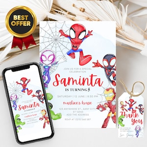 Spidey and his amazing friends birthday invitation with FREE Spidey Thank You Tags & Spidey Phone Invitation Customizable Canva Template