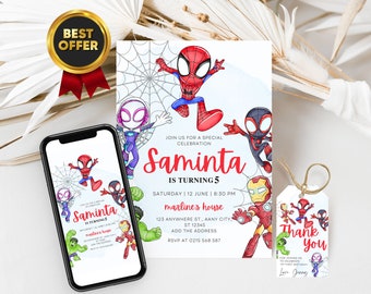 Spidey and his amazing friends birthday invitation with FREE Spidey Thank You Tags & Spidey Phone Invitation Customizable Canva Template