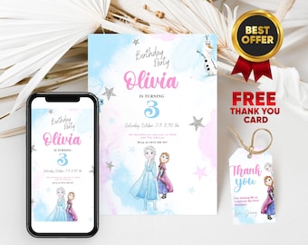 Frozen Birthday Invitation Digital Download with FREE Thank You Tags and Frozen Phone Invitation Customizable on Canva for Girls' Party