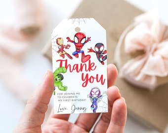 Tags pour l'anniversaire de Spidey et ses incroyables amis, modifiables sur Canva