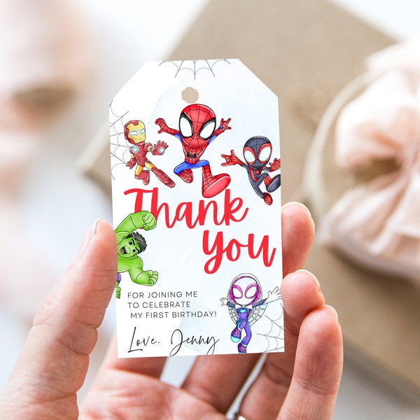 Spidey and his amazing friends birthday Thank You Tags editable on Canva