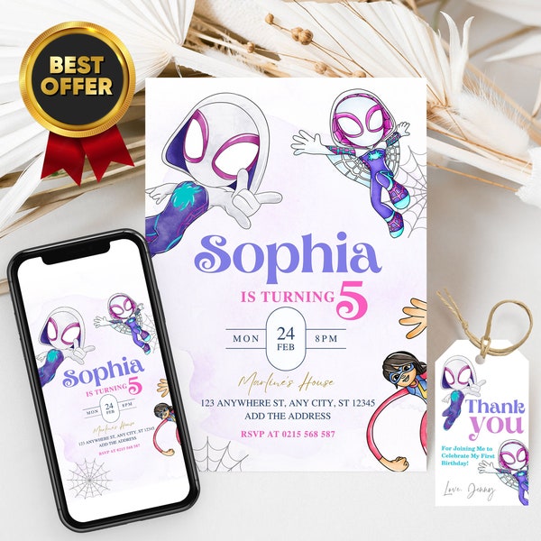 Editable Ghost spider invitation with FREE ghost spider Thank You Tags & ghost spider Phone Invitation Customizable Canva Template