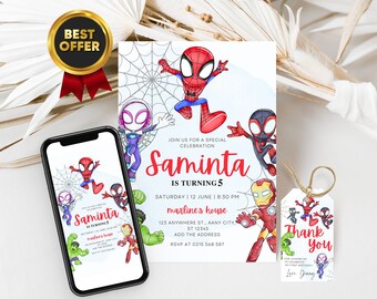 Spidey and his amazing friends birthday invitation with FREE Spidey Thank You Tags & Spidey Phone Invitation Customizable Canva Template