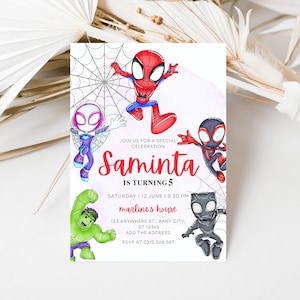 Invitación de cumpleaños de Spidey y sus increíbles amigos con etiquetas de agradecimiento de Spidey GRATIS y plantilla Canva personalizable de invitación telefónica de Spidey imagen 4