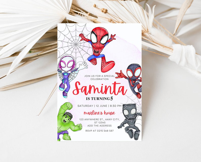 Invitación de cumpleaños de Spidey y sus increíbles amigos con etiquetas de agradecimiento de Spidey GRATIS y plantilla Canva personalizable de invitación telefónica de Spidey imagen 4