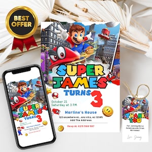 Editable Super Mario Odysse Invitation Digital, FREE Mario Thank You Tags & Super Mario Party Phone Invitation Customizable Canva Template