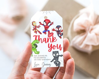 Tags pour l'anniversaire de Spidey et ses incroyables amis, modifiables sur Canva