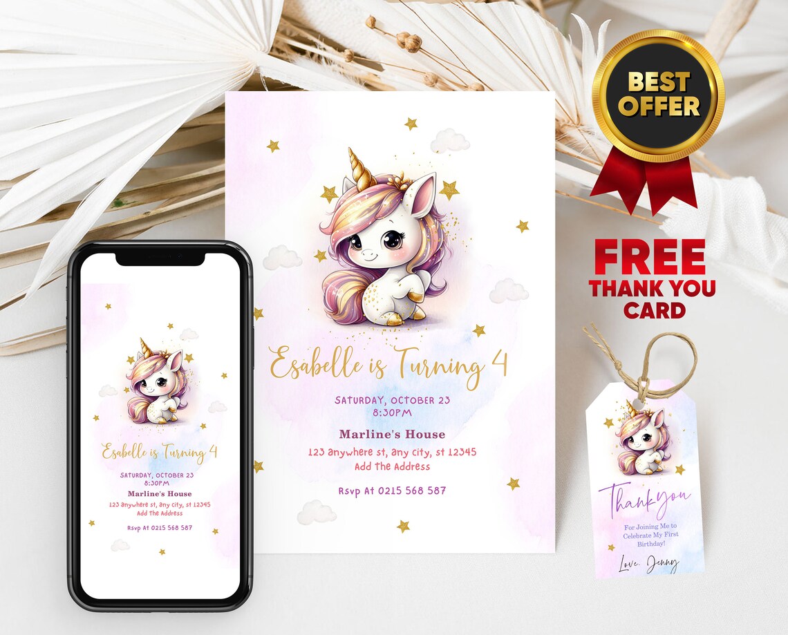 Printable Unicorn Theme Party Invitation Template FREE Thank You Tags ...