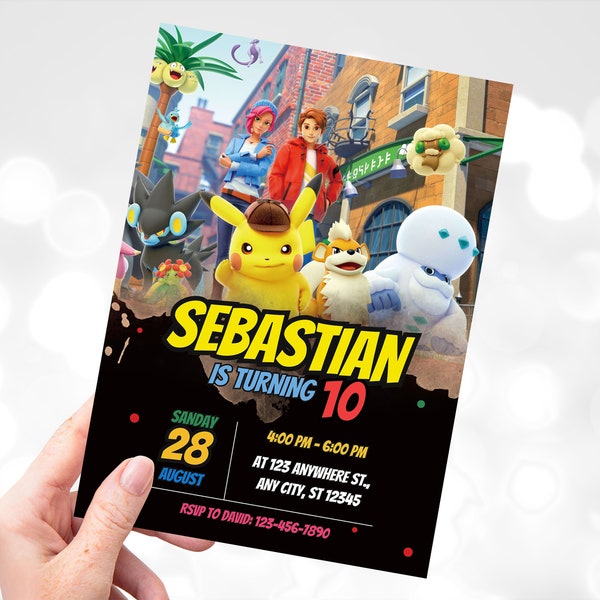 Editable Detective Pikachu Returns birthday invitation FREE Thank You Tags & Pokemon Invitation mobile Customizable Canva Template