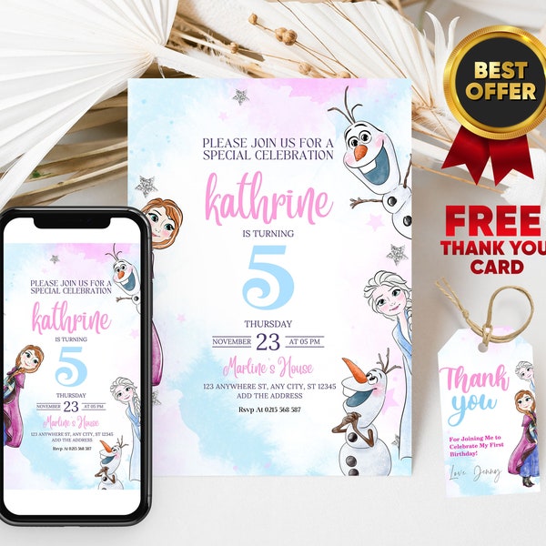 Frozen Birthday Phone Invitation with FREE Thank You Tags and Printable Frozen Birthday Invitation Customizable on Canva for Girls' Party