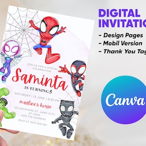 Invitación de cumpleaños de Spidey y sus increíbles amigos con etiquetas de agradecimiento de Spidey GRATIS y plantilla Canva personalizable de invitación telefónica de Spidey imagen 2