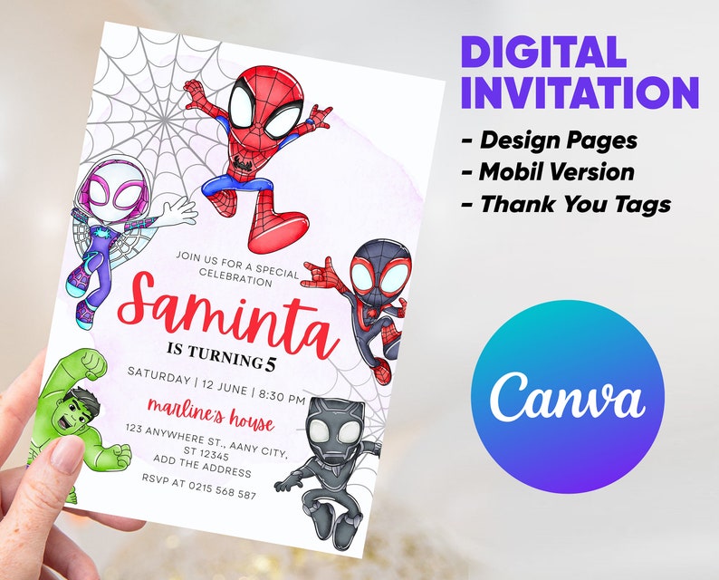 Spidey and his amazing friends birthday invitation with FREE Spidey Thank You Tags & Spidey Phone Invitation Customizable Canva Template image 2