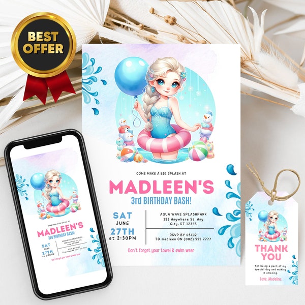 FROZEN Elsa Pool Party Invitation with Free Thank you tag & phone version for text messages Pool Party Birthday Invitation kids invitation