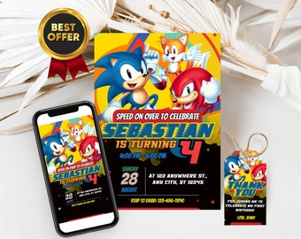 Editable Sonic birthday invitation FREE Sonic Thank You Tags & Sonic birthday Invitation mobile (for text Messages) on Canva Template