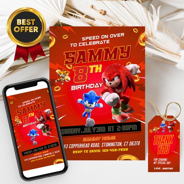 Sonic Knuckles Birthday invitation Template, Sonic The Hedgehog, Printable Birthday Invite, Sonic Digital Invite, Kids Knuckles invitation