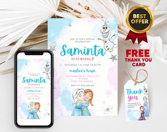 christmas  Frozen Editable Digital Birthday Invitation | Printable Frozen Birthday Party Invitations | Girls Birthday, Elsa, Anna