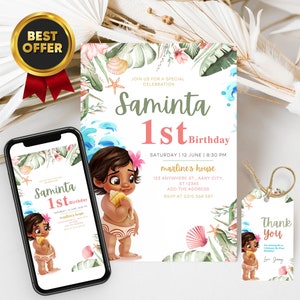 Baby Moana 1st Birthday Invitation Girl FREE Moana Thank You Tags & Moana Invitation Phone Canva Template, Perfect for First Birthday Party