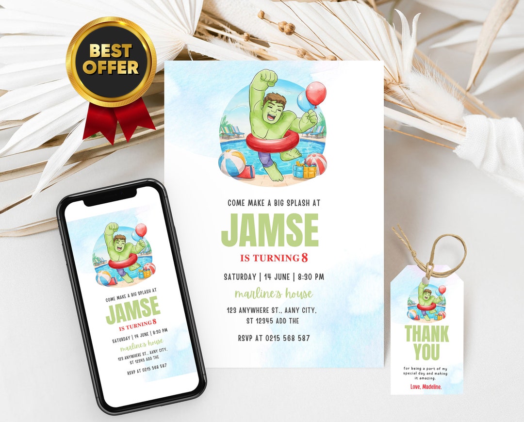 Hulk Birthday Invitation With Free Hulk Thank You Tags &amp; Hulk Phone ...