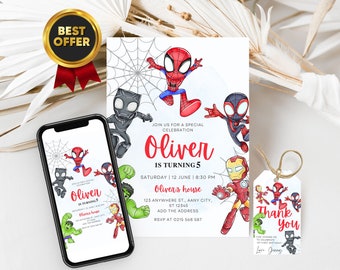 Spidey and his amazing friends birthday invitation with FREE Spidey Thank You Tags & Spidey Phone Invitation Customizable Canva Template
