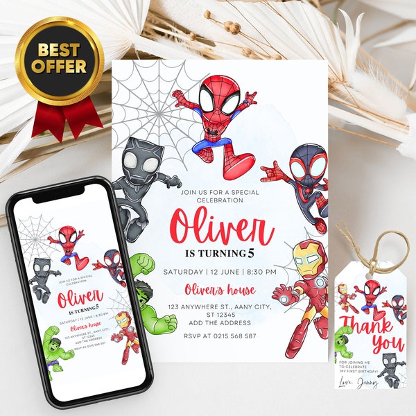 Spidey and his amazing friends birthday invitation with FREE Spidey Thank You Tags & Spidey Phone Invitation Customizable Canva Template
