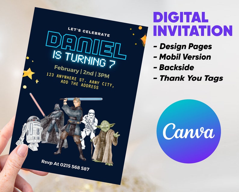 Editable Star Wars Birthday Invitation Digital & FREE Star Wars Thank