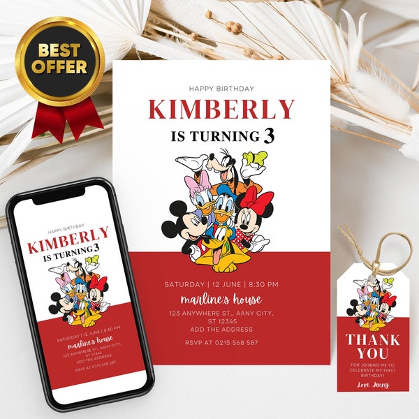 Mickey Mouse and Friends Lifesize and Mini Birthday Invitation FREE Thank You Tags & Phone invite Customizable Canva Template