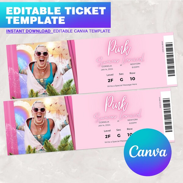 Surprise Pink Concert Tickets. Summer Carnival Tour 2023 /2024 Ticket Stub. Keepsake or Ticket Gift. Instant Download, p!nk Surprise Ticket