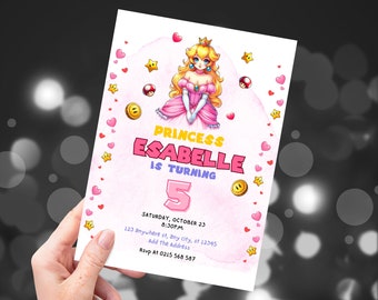 Princess Peach Birthday Invitation Digital & printable FREE Thank You Tags and Mario Phone Invitation Customizable on Canva for Girls' Party