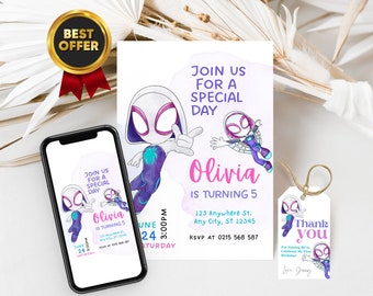 Editable ghost spider invitation with FREE ghost spider Thank You Tags & ghost spider Phone Invitation Customizable Canva Template