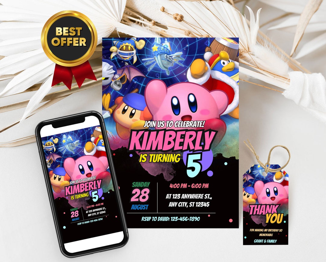 Kirby Birthday Invitation Digital Template FREE Kirby Thank You Tags ...
