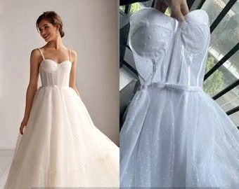 A-Line Sweetheart Spaghetti Straps Dot Tulle Bridal Gown Short Lace Up Back Ankle Length Custom Made Wedding Dress