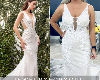 Custom Made V-neck Wedding Dresses Backless Mermaid Lace Appliques Floor-length Backless Sleeveless Bridal Gown