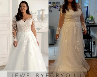 Custom Made Plus Size Wedding Dress Elegant Long Sleeves Lace Bride Dress Tulle Applique Sweep Train A-Line Bridal Gown