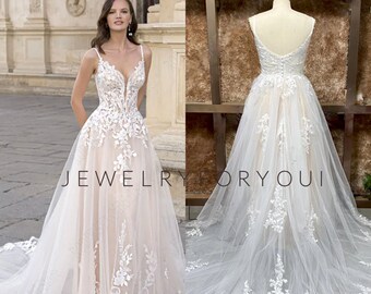 Custom Made Spaghetti Straps Appliques Wedding Dresses Tulle A-line Lace with Sweep Train Floor-Length Bridal Gown