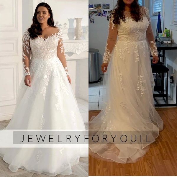 Custom Made Plus Size Wedding Dress Elegant Long Sleeves Lace Bride Dress Tulle Applique Sweep Train A-Line Bridal Gown