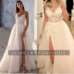 Beach Spaghetti Strap Wedding Dress A-Line Sleeveless Side Split Lace Appliques Backless Custom Made Bridal Gown