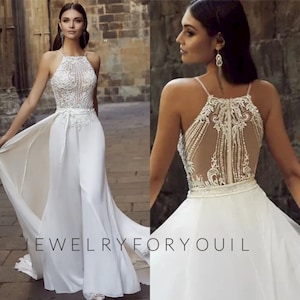 Sleeveless Boho Jumpsuit Wedding Dress Backless Floor-Length Chiffon Lace Bride Dresses Custom Made Bridal Gown