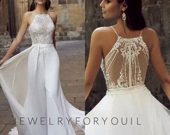 Sleeveless Boho Jumpsuit Wedding Dress Backless Floor-Length Chiffon Lace Bride Dresses Custom Made Bridal Gown